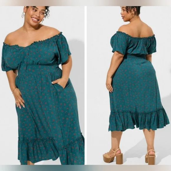 Torrid Green Floral Challis Off The Shoulder Midi Dress Size 4X Spring Pockets - Picture 3 of 12